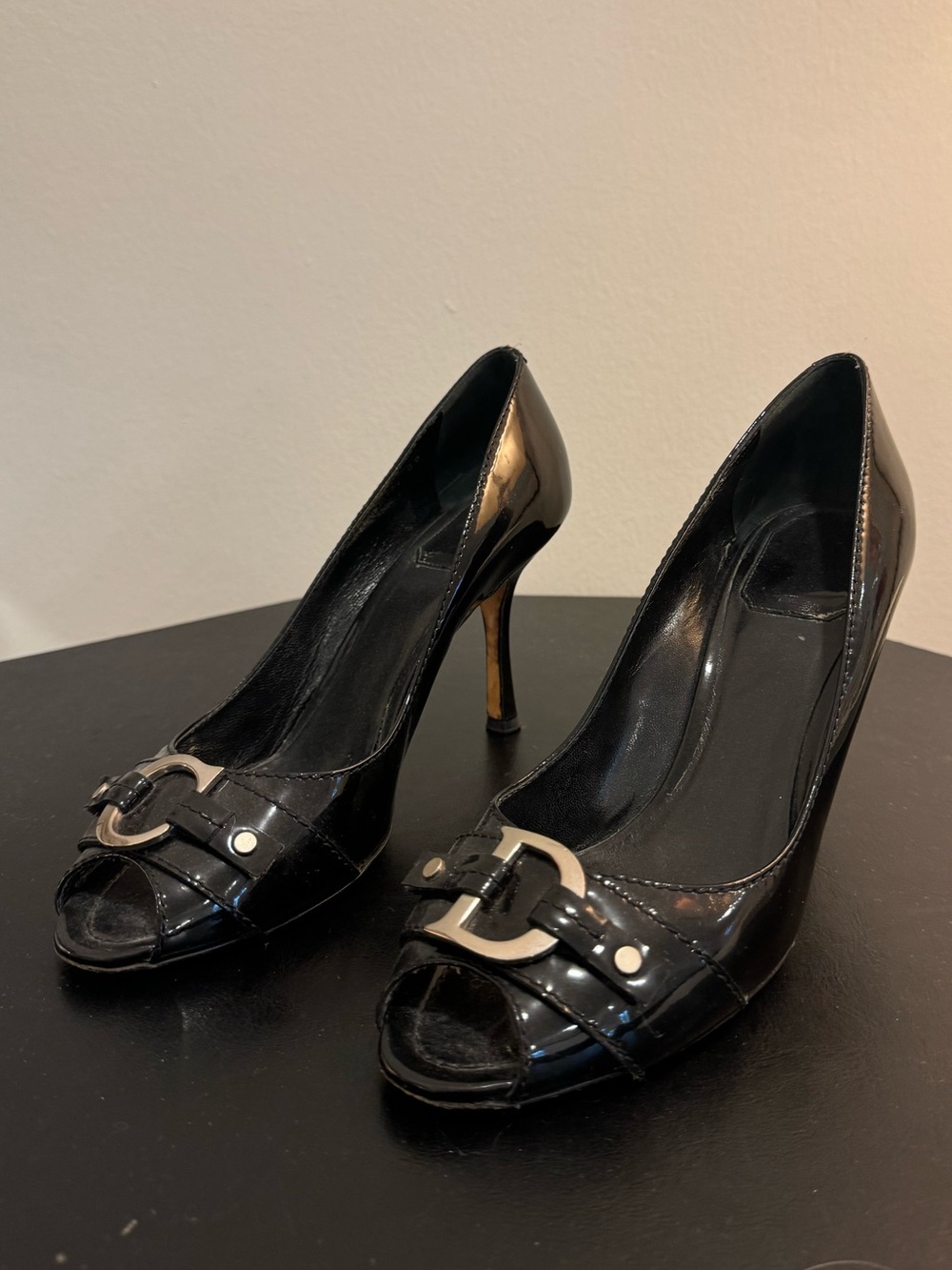 Dior Vintage Black Patent Leather Peep-Toe Heels with Silver Buckle